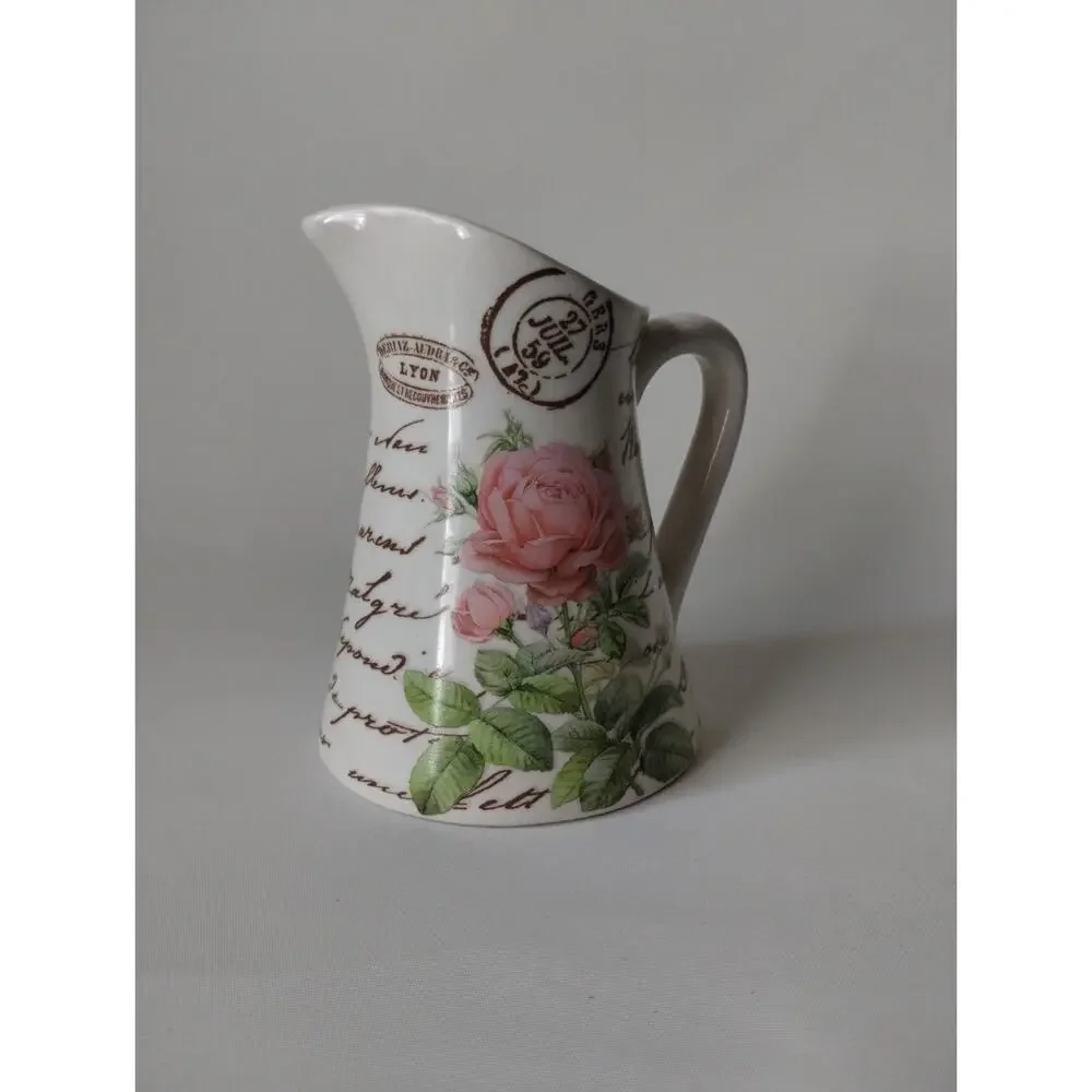 Teleflora Paris Rose Ceramic Pitcher Vase French Script Floral Shabby Chic